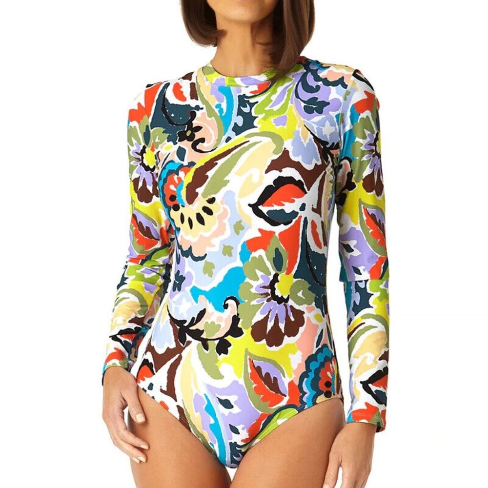NWT Anne Cole Swimwear Swimsuit Paisley Long Sleeve Open Back One Piece size 14 - Picture 1 of 2